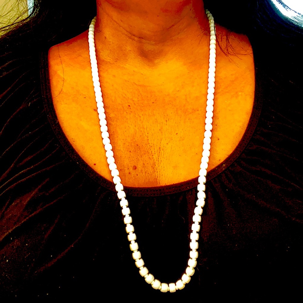 Vintage antique white milk glass beaded necklace square and round Art Deco 31”